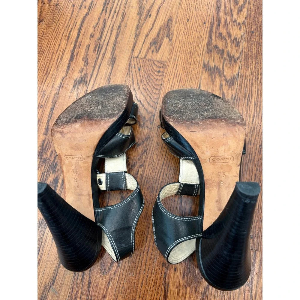 Coach Womens Black Leather T-Strap Platform Sandals Contrast Stitch Heels 7.5 B